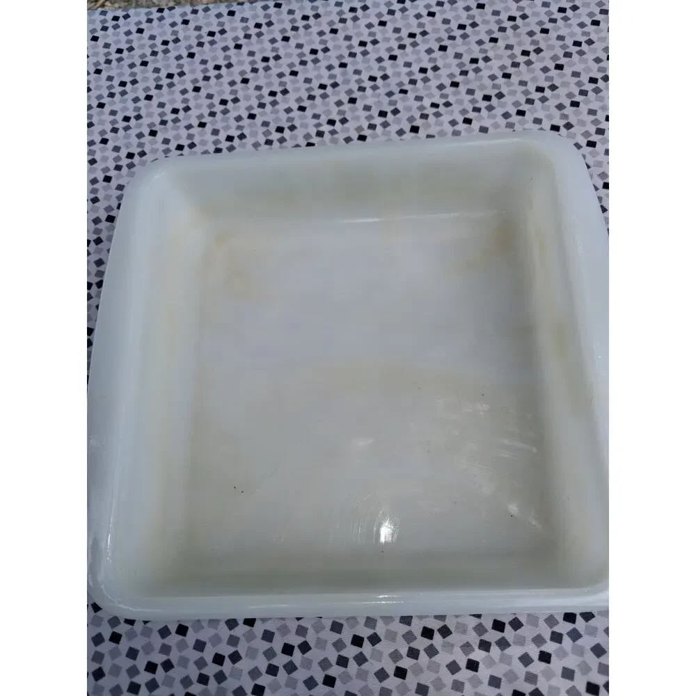 VTG Glasbake Milk Glass Square Brownie Dish Green Flower Floral Pattern J2428